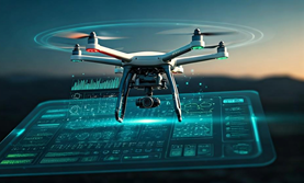 Drone flying over projection of digital display
